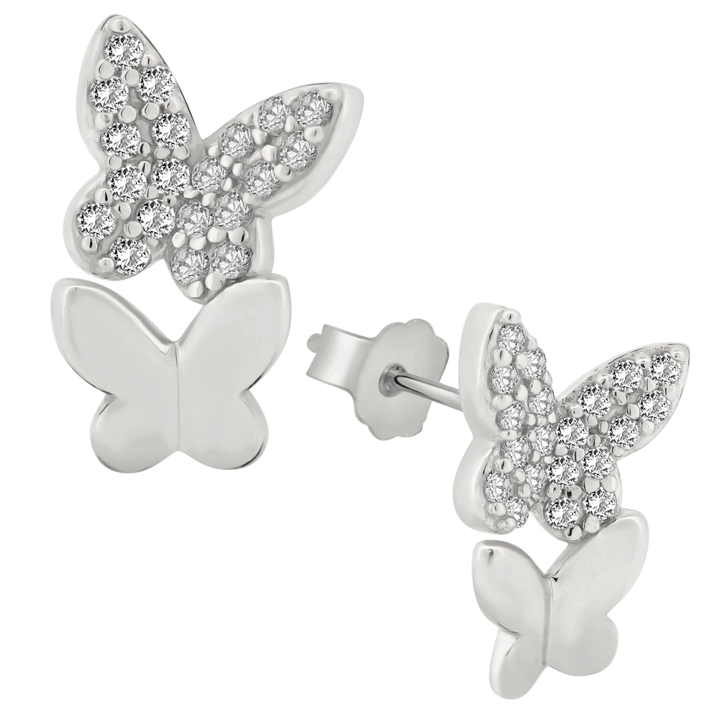 Cubic Zirconia Butterfly Earrings, 925 Sterling Silver, Double Design, Push Backing, Shimmering Accents