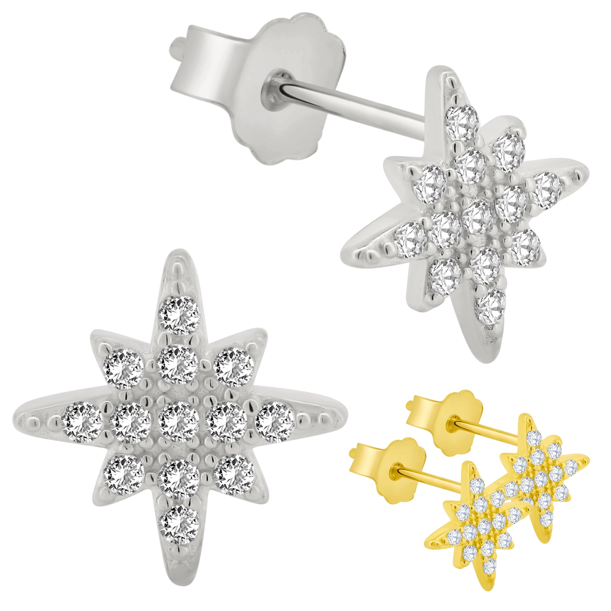 Starburst CZ Earring Push Backs, 925 Sterling Silver, Sparkling CZ Studs, Star Design Jewelry, Stylish Accessories