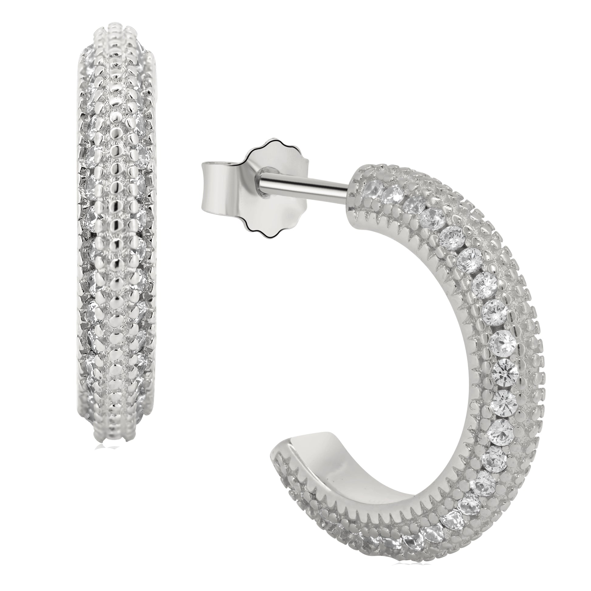 925 Silver Hoop Earrings with CZ Side Detail, Push Backing, Statement Jewelry