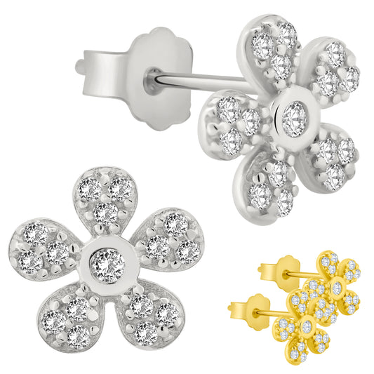 Flower CZ Earrings, 925 Sterling Silver, Push Back, Multi Petal Design, Elegant Women's Jewelry