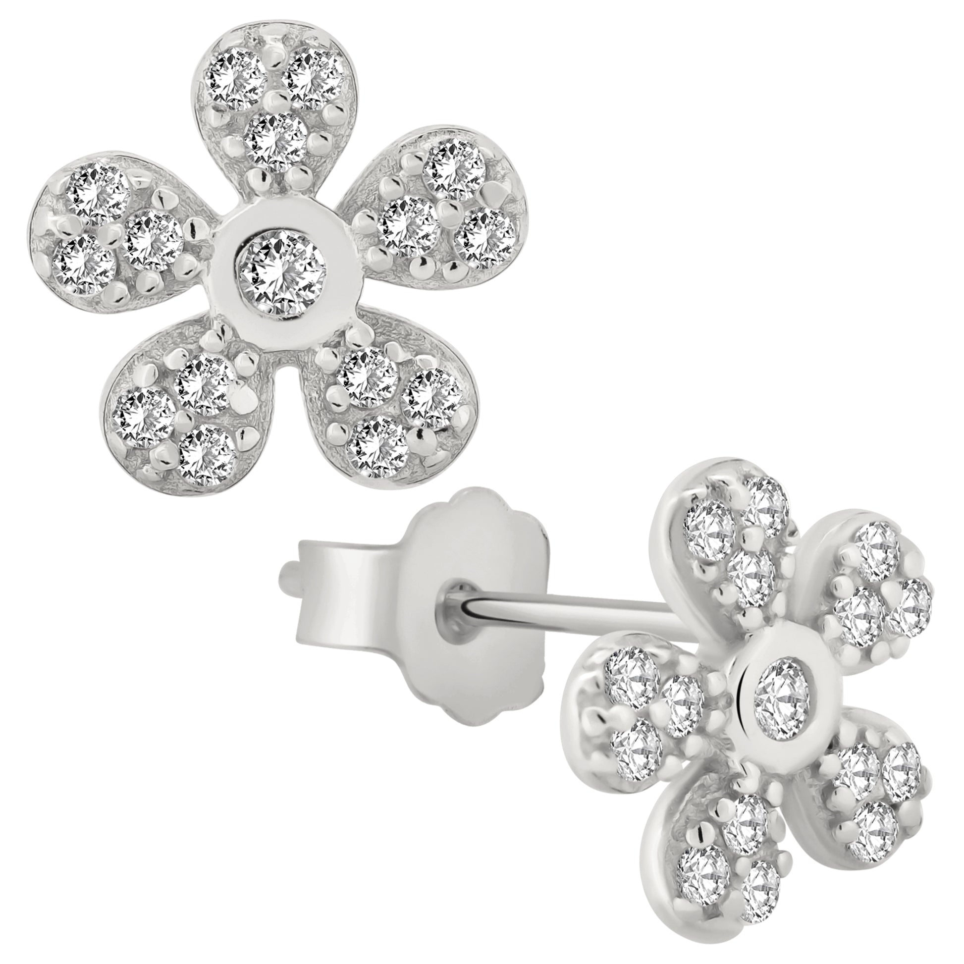 Flower CZ Earrings, 925 Sterling Silver, Push Back, Multi Petal Design, Elegant Women's Jewelry