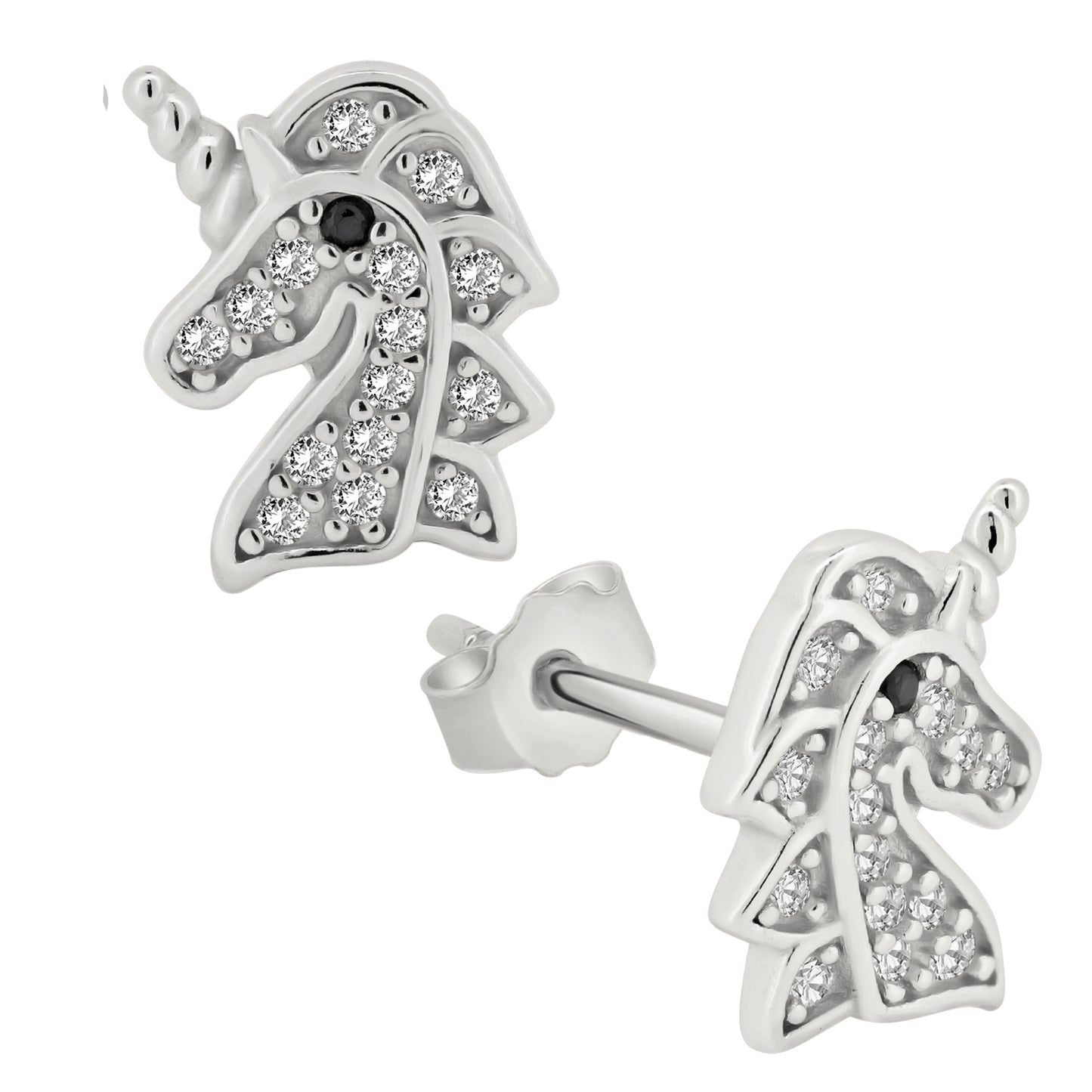 925 Sterling Silver Unicorn with Cubic Zirconia Design Earring Push Backing, Unicorn CZ Silver Earrings, Sterling Silver Push Backs, Magical Unicorn Jewelry, CZ Unicorn Studs, Sparkling Unicorn Accessories