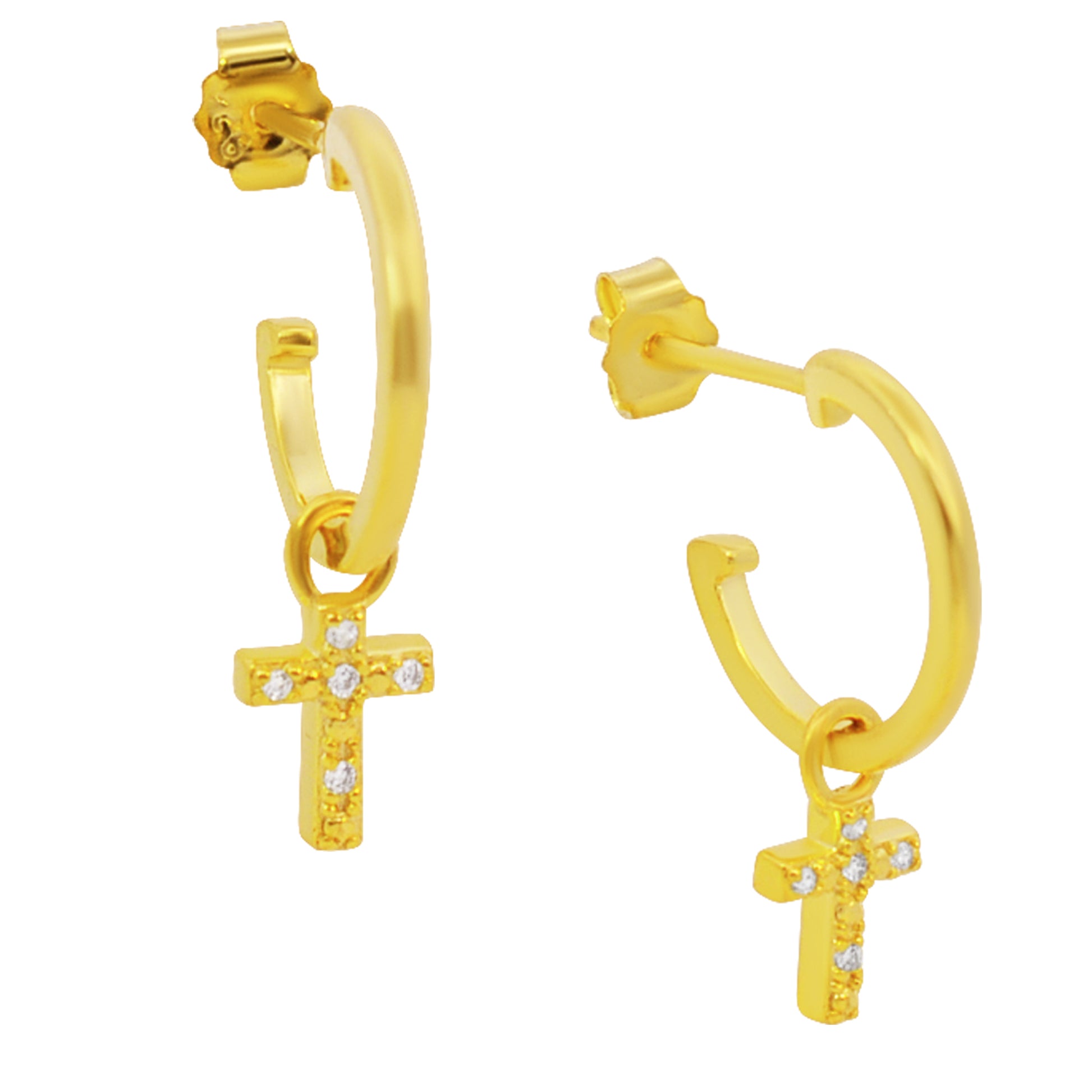 925 Silver Dangling Cross CZ Earrings, Half Hoop Design, Push Backing, Religious Jewelry