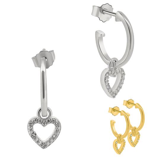 Sterling Silver Heart Dangle Earrings, CZ Design, Half Hoops, Push Backing, Hollow Heart Earrings
