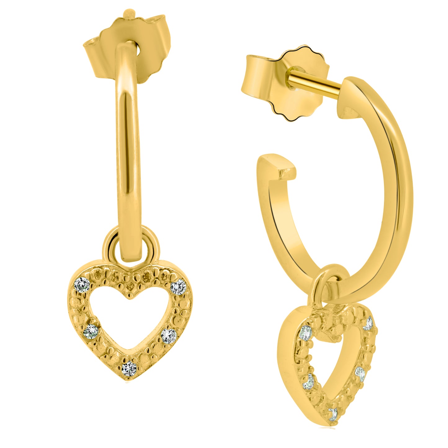 Sterling Silver Heart Dangle Earrings, CZ Design, Half Hoops, Push Backing, Hollow Heart Earrings
