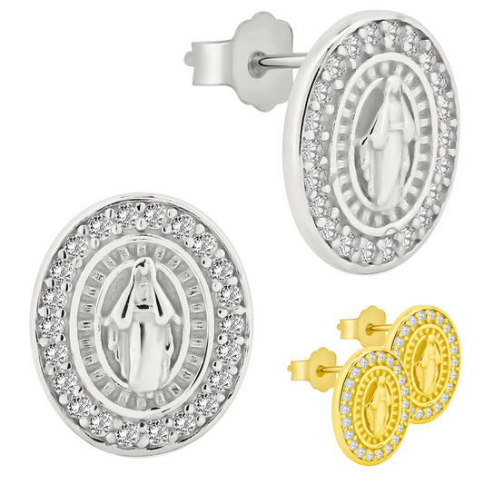 CZ Virgin Mary Earrings, Oval Shape, Sterling Silver Design, Push Backing, Religious Jewelry