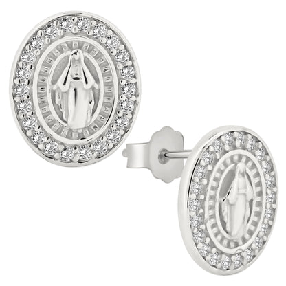 CZ Virgin Mary Earrings, Oval Shape, Sterling Silver Design, Push Backing, Religious Jewelry
