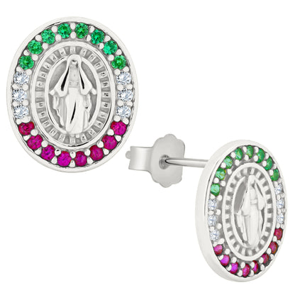 Oval Virgin Mary CZ Earrings, Mexican Flag Design, Sterling Silver Studs, Push Back