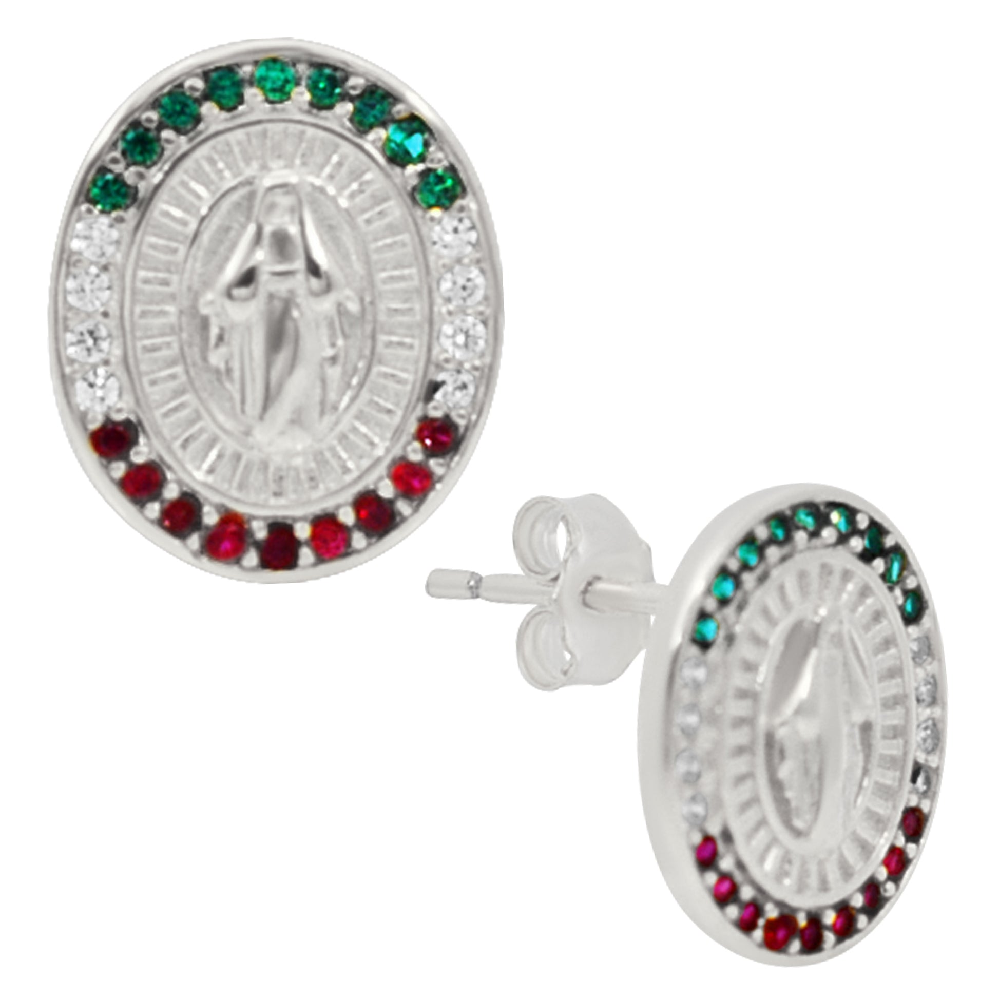 Oval Virgin Mary CZ Earrings, Mexican Flag Design, Sterling Silver Studs, Push Back