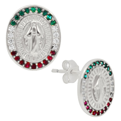 Oval Virgin Mary CZ Earrings, Mexican Flag Design, Sterling Silver Studs, Push Back