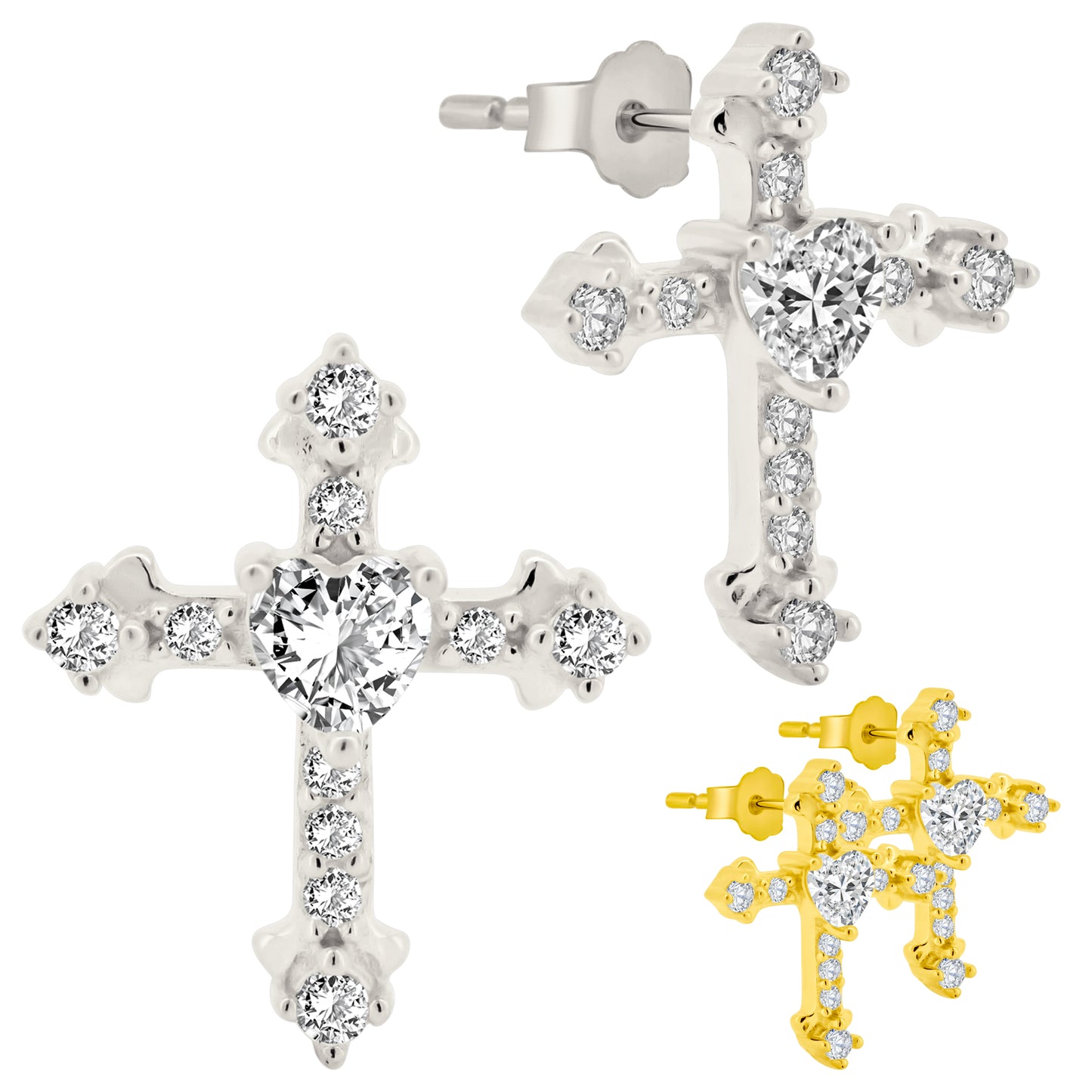 Elegant Sterling Silver Cross Earrings with Heart Zircon, Push Back, Prong Set Heart Zircon Sterling Silver Cross