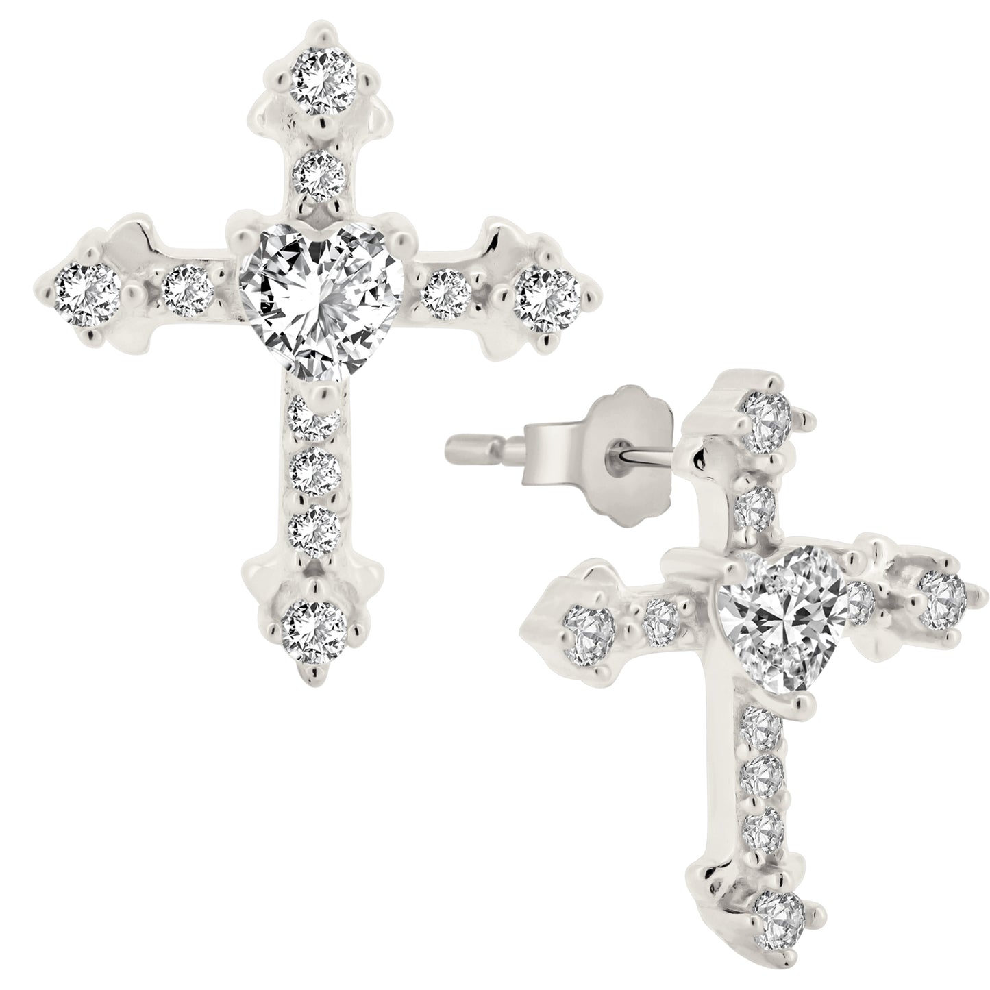 Elegant Sterling Silver Cross Earrings with Heart Zircon, Push Back, Prong Set Heart Zircon Sterling Silver Cross