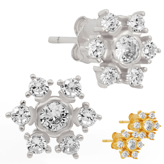Snowflake CZ Stud Earrings, Sterling Silver Push Backs, Weather Inspired Jewelry