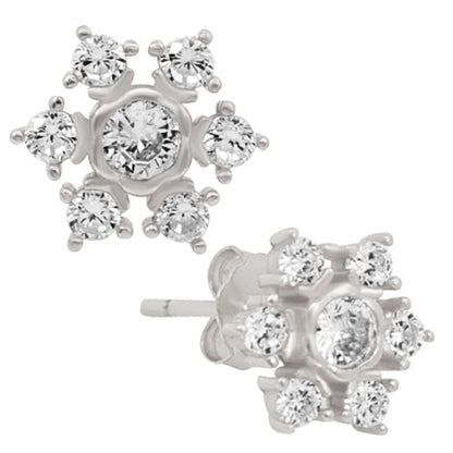 Snowflake CZ Stud Earrings, Sterling Silver Push Backs, Weather Inspired Jewelry