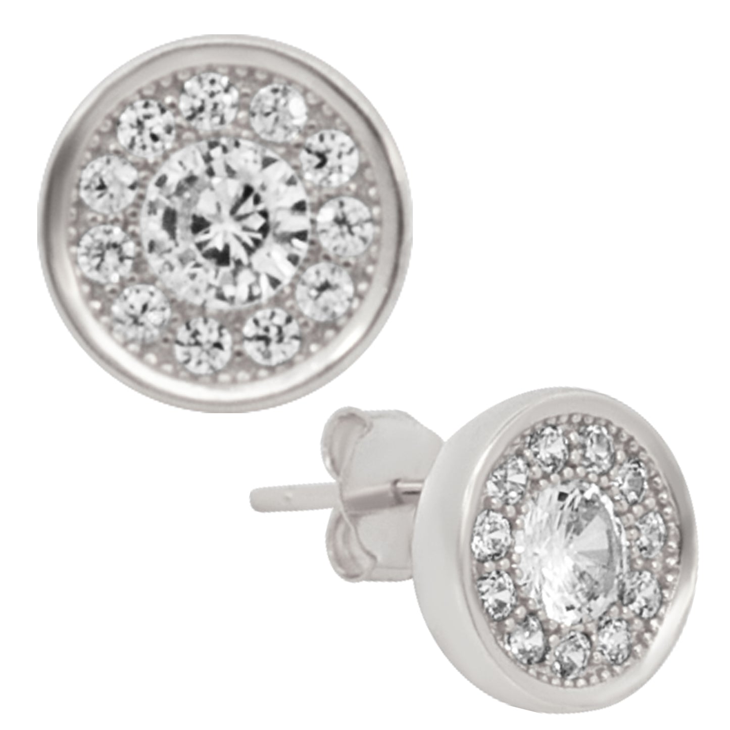 Cubic Zirconia Stud Earrings, Sterling Silver 9mm Round, Push Backing, High-Quality Jewelry