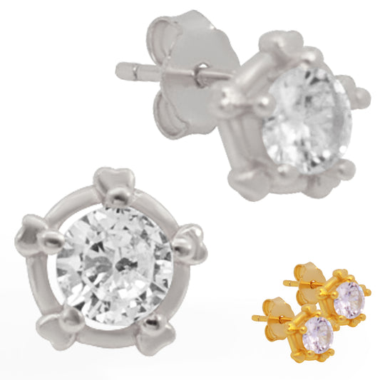 CZ Stud Earrings with Sterling Silver Round Wheel Prong Setting, Push Backing, Sparkling Jewelry