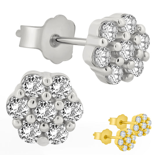 Flower Prong CZ Stud Earrings, Sterling Silver 5mm, Push Backing, Sparkling Cubic Zirconia, Jewelry Gift