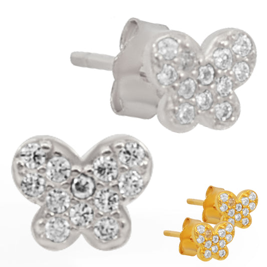 925 Sterling Silver CZ Butterfly Stud Earrings, Push Backing, Shimmering Butterfly Jewelry