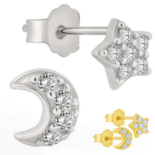 CZ Moon and Star Earrings, 925 Sterling Silver Studs, Push Backs, Celestial Jewelry, Elegant Design