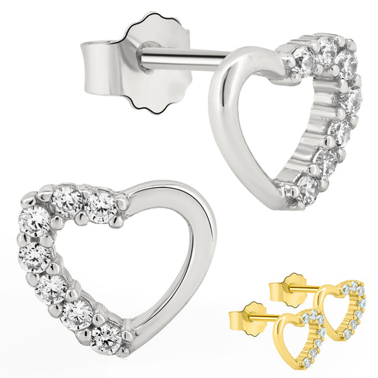 Heart Stud Earrings, Silver CZ Hollow Heart Studs, Push Backing, Sterling Silver Earrings, Valentine's Day Gift