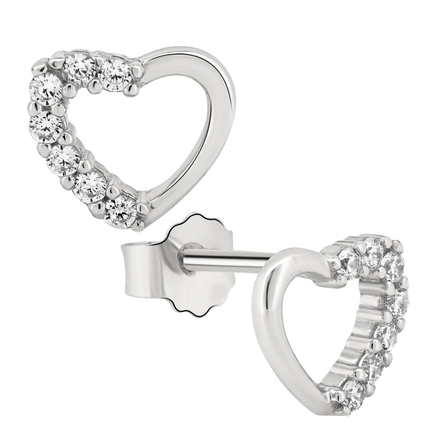 Heart Stud Earrings, Silver CZ Hollow Heart Studs, Push Backing, Sterling Silver Earrings, Valentine's Day Gift