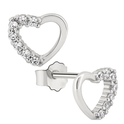 Heart Stud Earrings, Silver CZ Hollow Heart Studs, Push Backing, Sterling Silver Earrings, Valentine's Day Gift