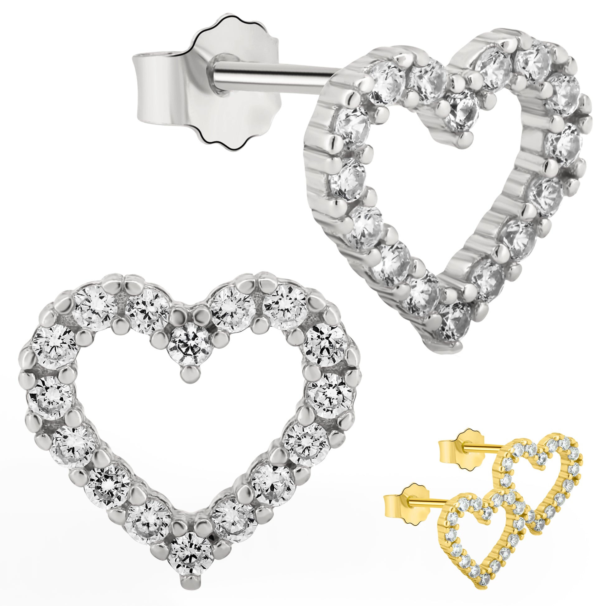 Heart Stud Earrings, Silver CZ Hollow Heart Studs, Push Backing, Sterling Silver Earrings, Valentine's Day Gift