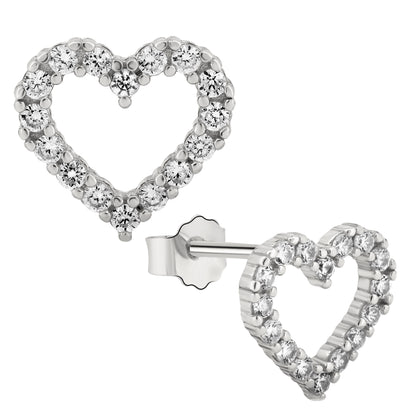 Heart Stud Earrings, Silver CZ Hollow Heart Studs, Push Backing, Sterling Silver Earrings, Valentine's Day Gift