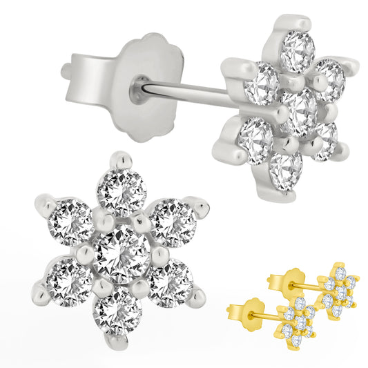 925 Silver Flower Earrings, Cubic Zirconia Studs, Push Backing, Petal Prong, Floral Jewelry