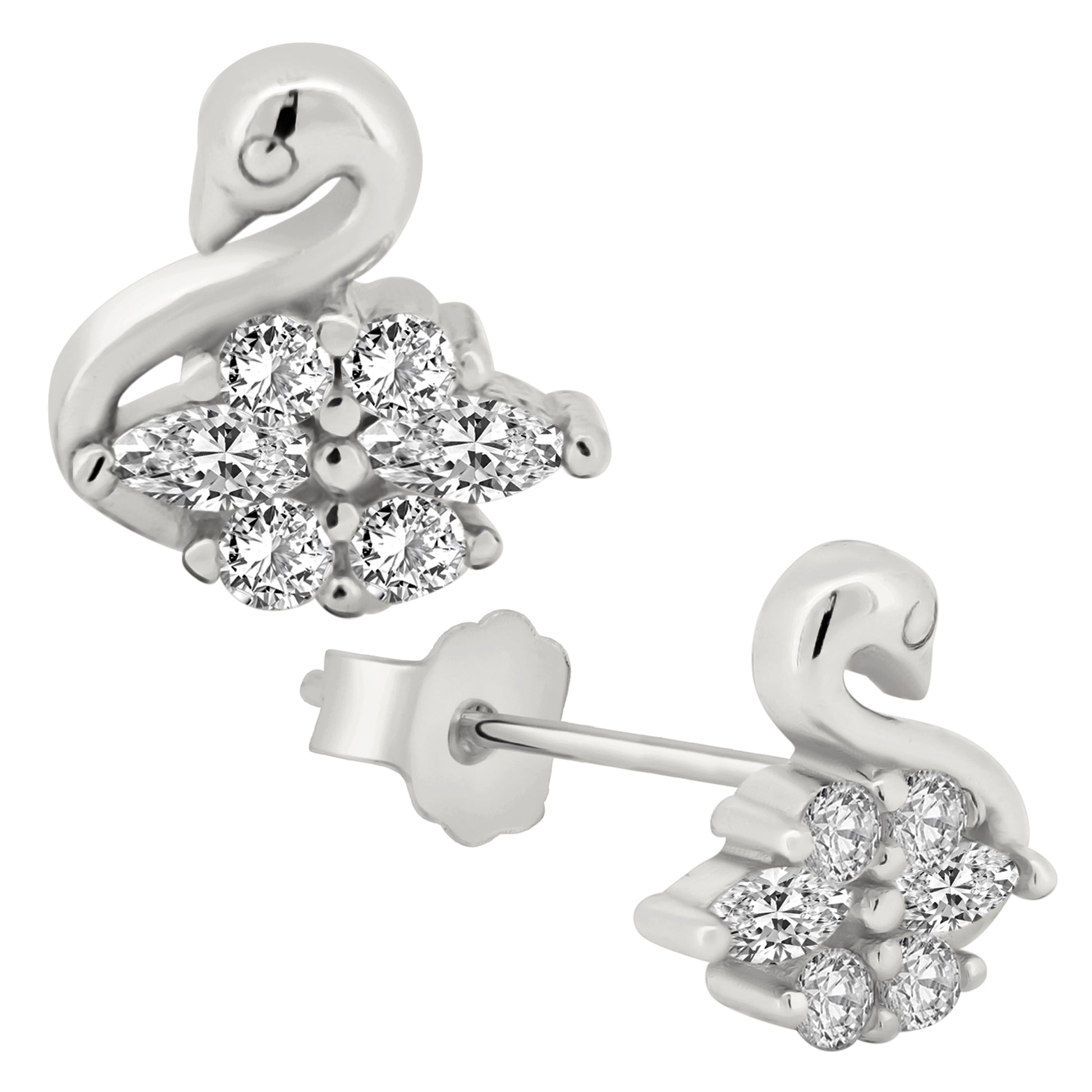 Cubic Zirconia Swan Earrings, Sterling Silver Studs, Push Backing, Elegant Swan Design, Gift For Her