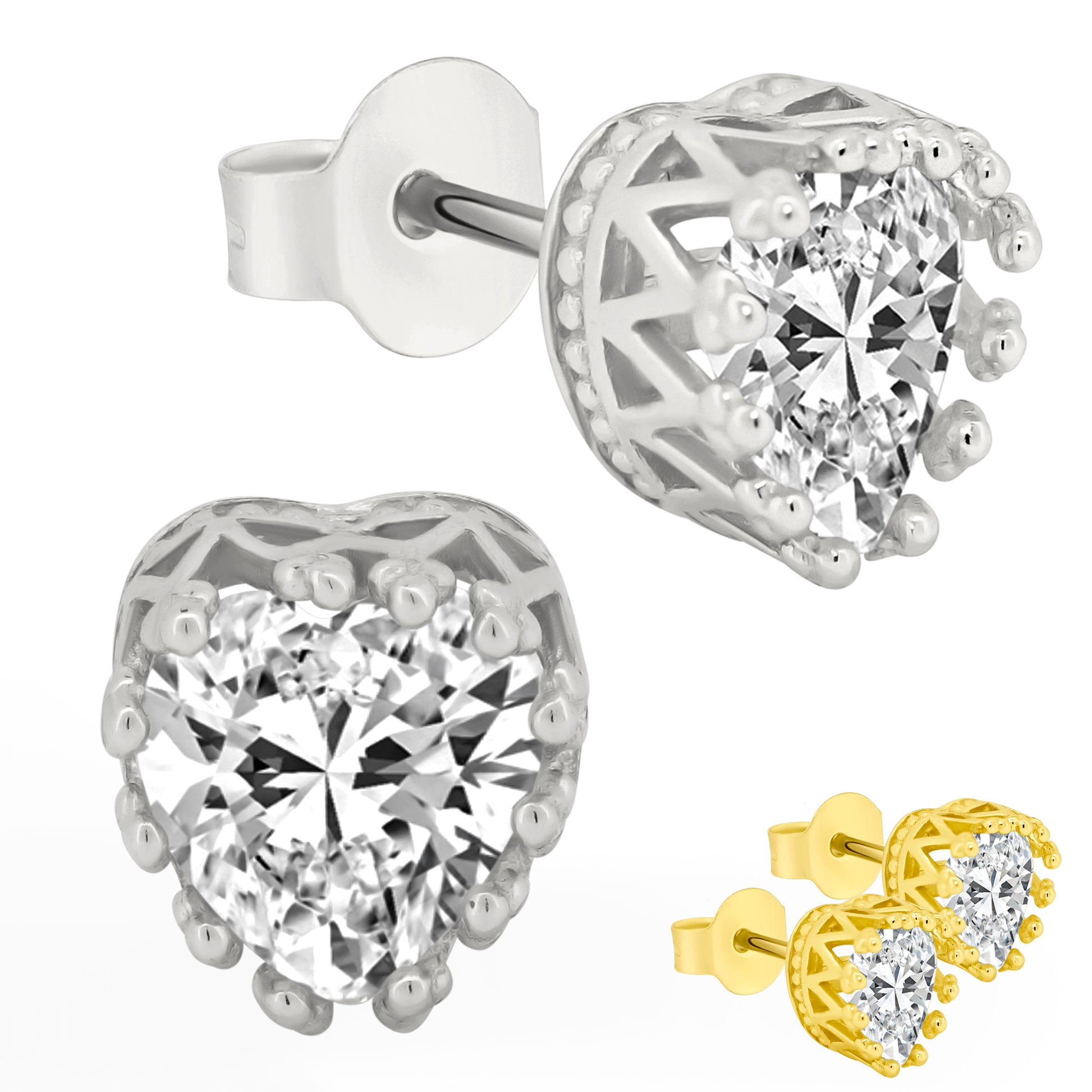 925 Silver Heart Crown CZ Stud Earrings, Cubic Zirconia Prong Backs, Romantic Jewelry