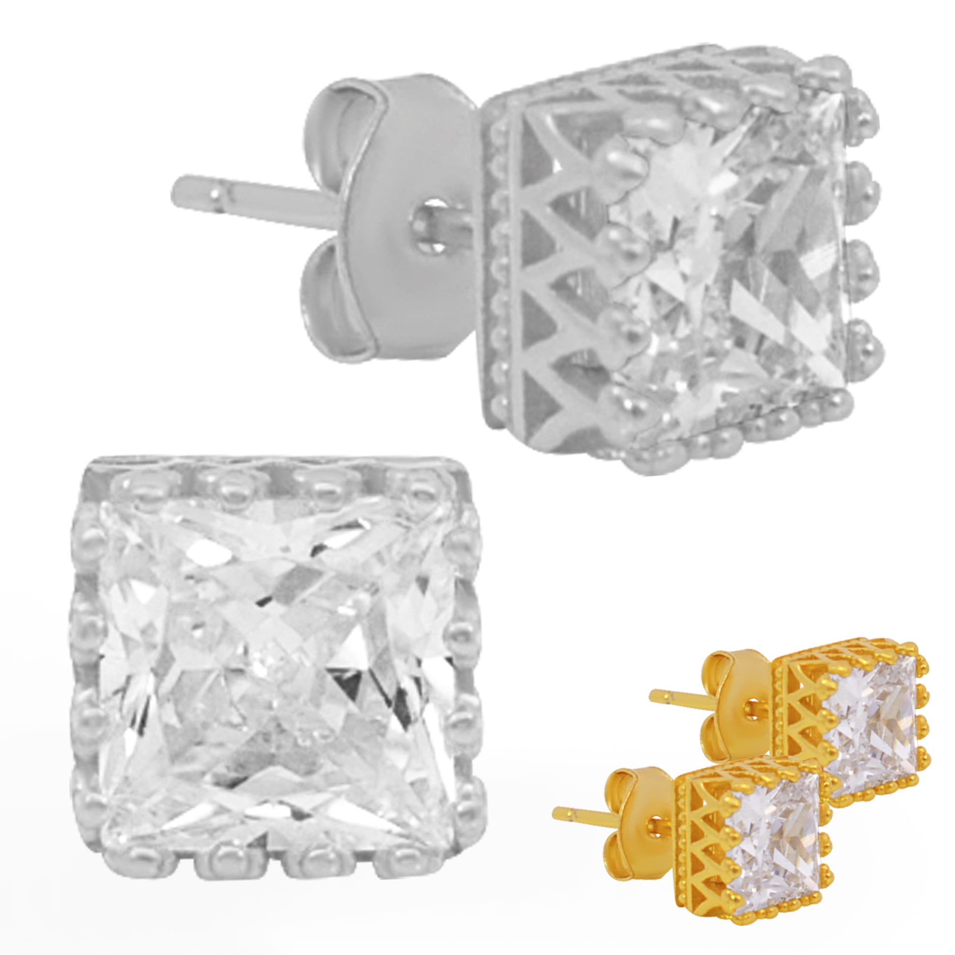 Square Princess Cut Crown Earrings, 925 Sterling Silver Studs, Cubic Zirconia Backings