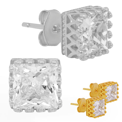 Square Princess Cut Crown Earrings, 925 Sterling Silver Studs, Cubic Zirconia Backings