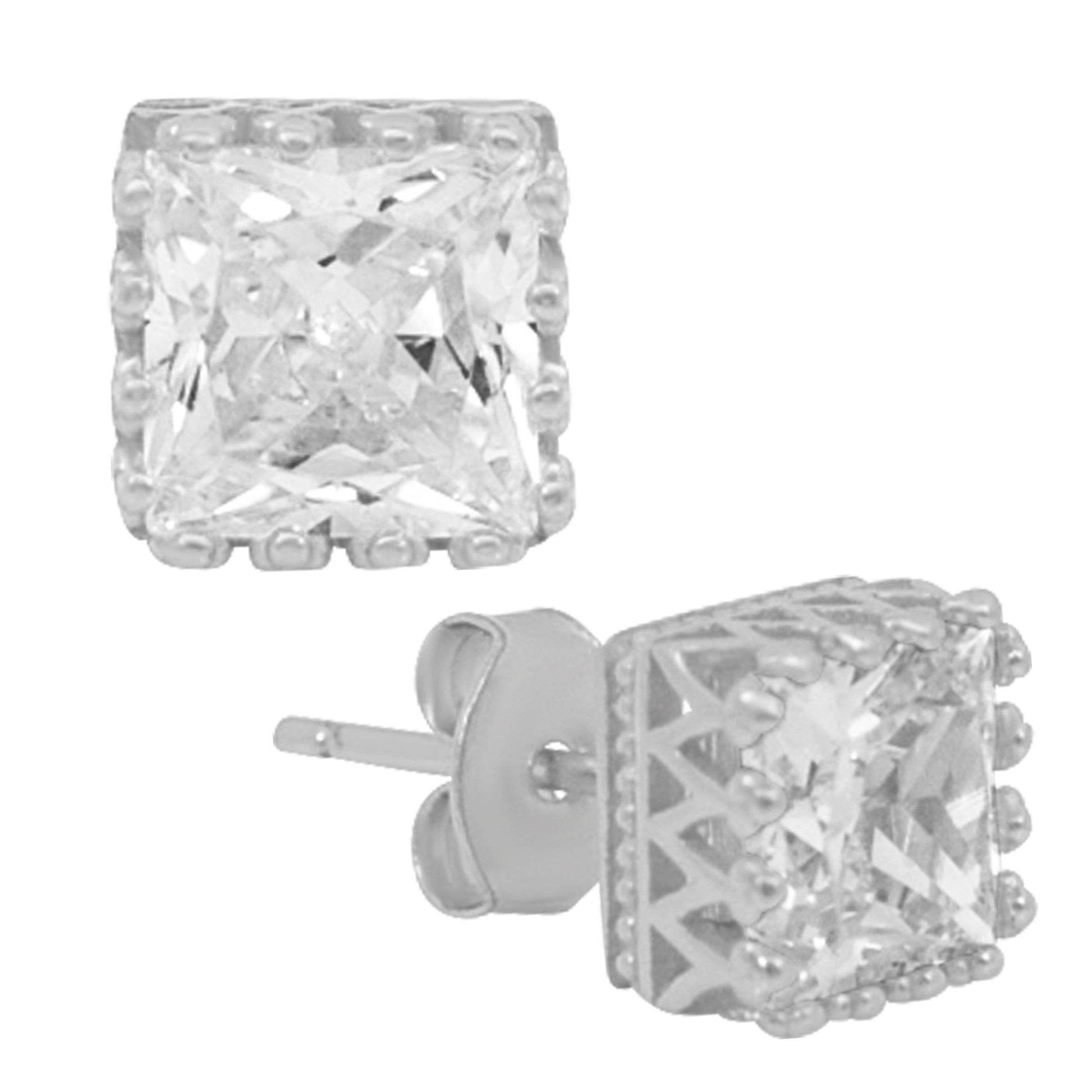 Square Princess Cut Crown Earrings, 925 Sterling Silver Studs, Cubic Zirconia Backings