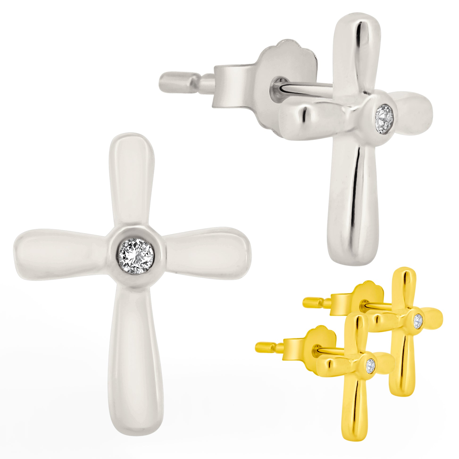 Sterling Silver CZ Stud Earrings, Cross Design, Bezel Setting, Push Backs, Sparkling Accents