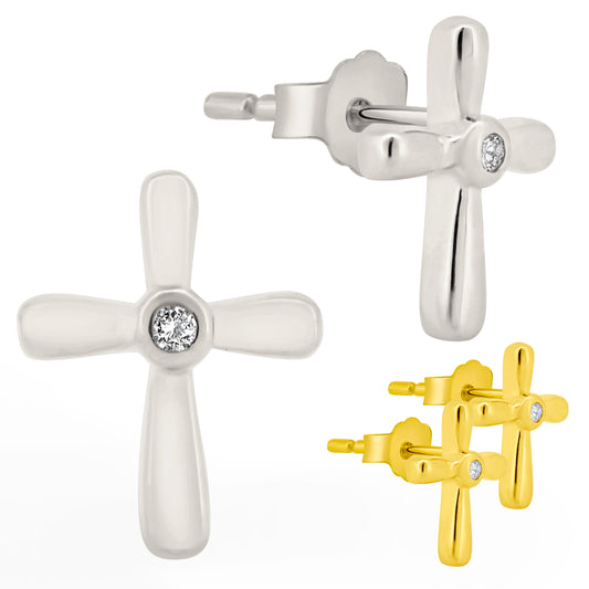 Sterling Silver CZ Stud Earrings, Cross Design, Bezel Setting, Push Backs, Sparkling Accents