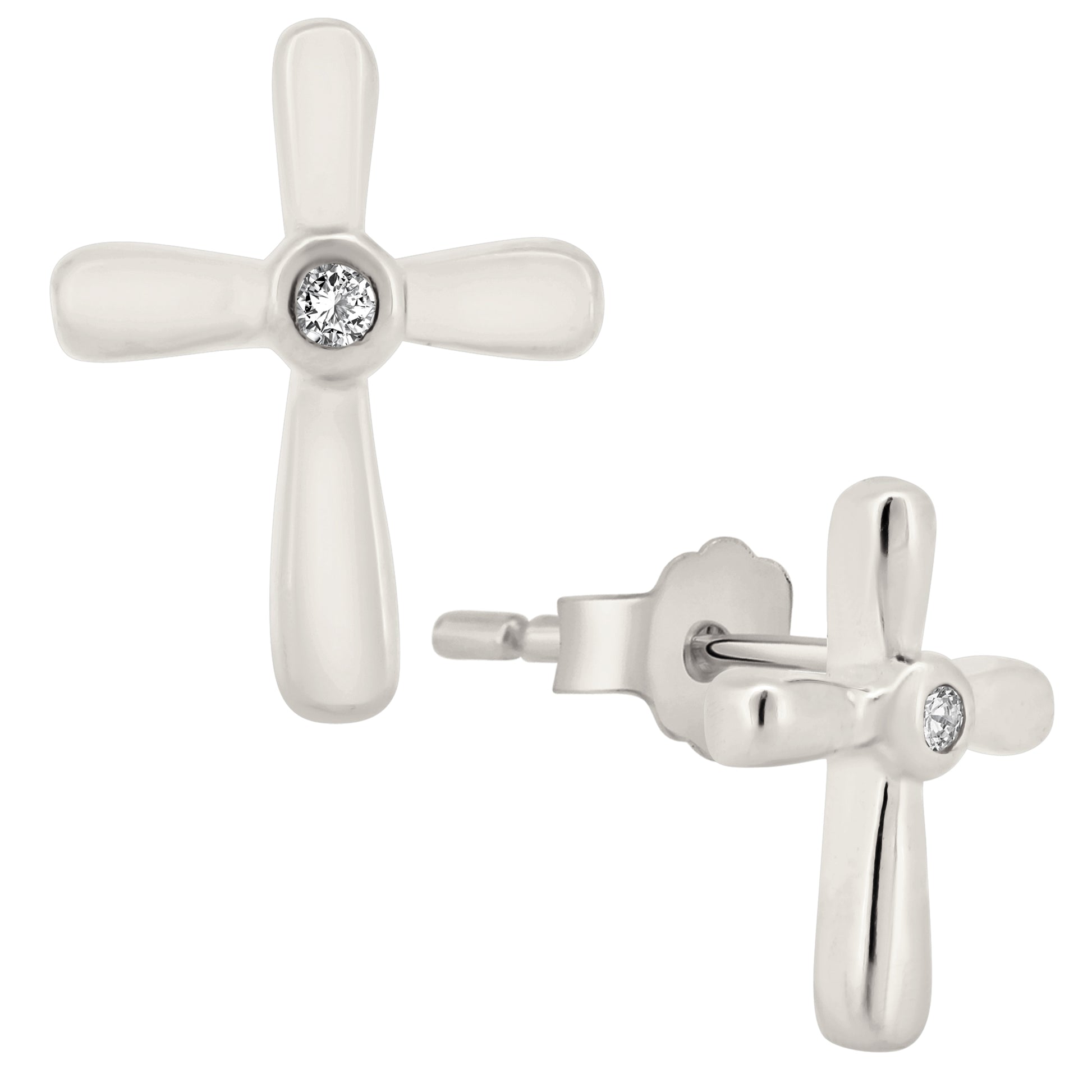 Sterling Silver CZ Stud Earrings, Cross Design, Bezel Setting, Push Backs, Sparkling Accents