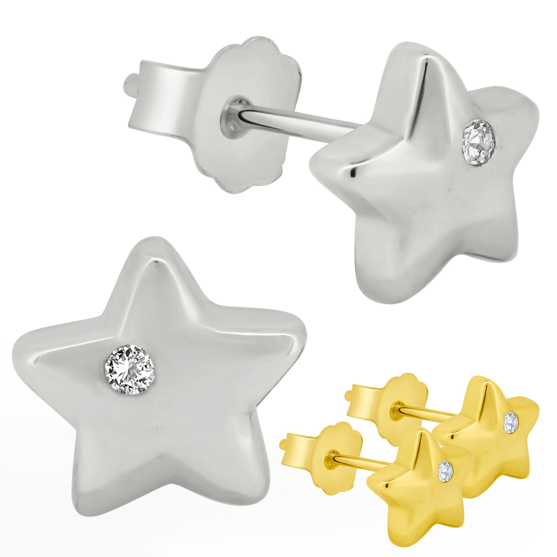 Sterling Silver Star Design CZ Earrings, Stud Push Backing, Sparkling CZ Jewelry