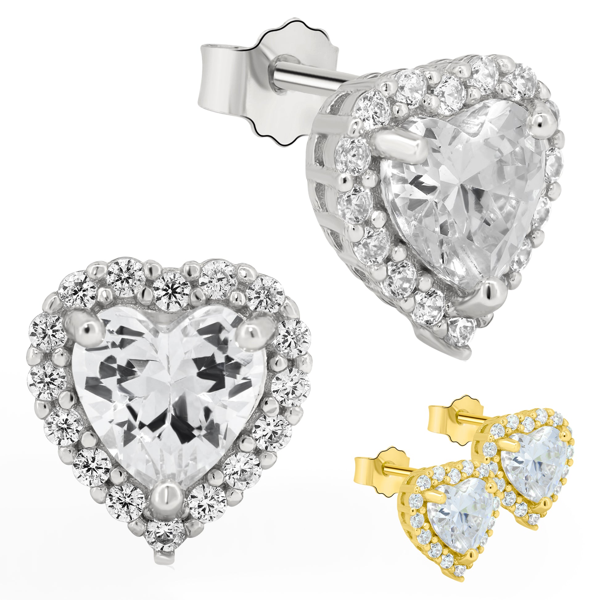 Heart Design Cubic Zirconia Earrings, Sterling Silver Studs, Push Backing, Glamorous Jewelry