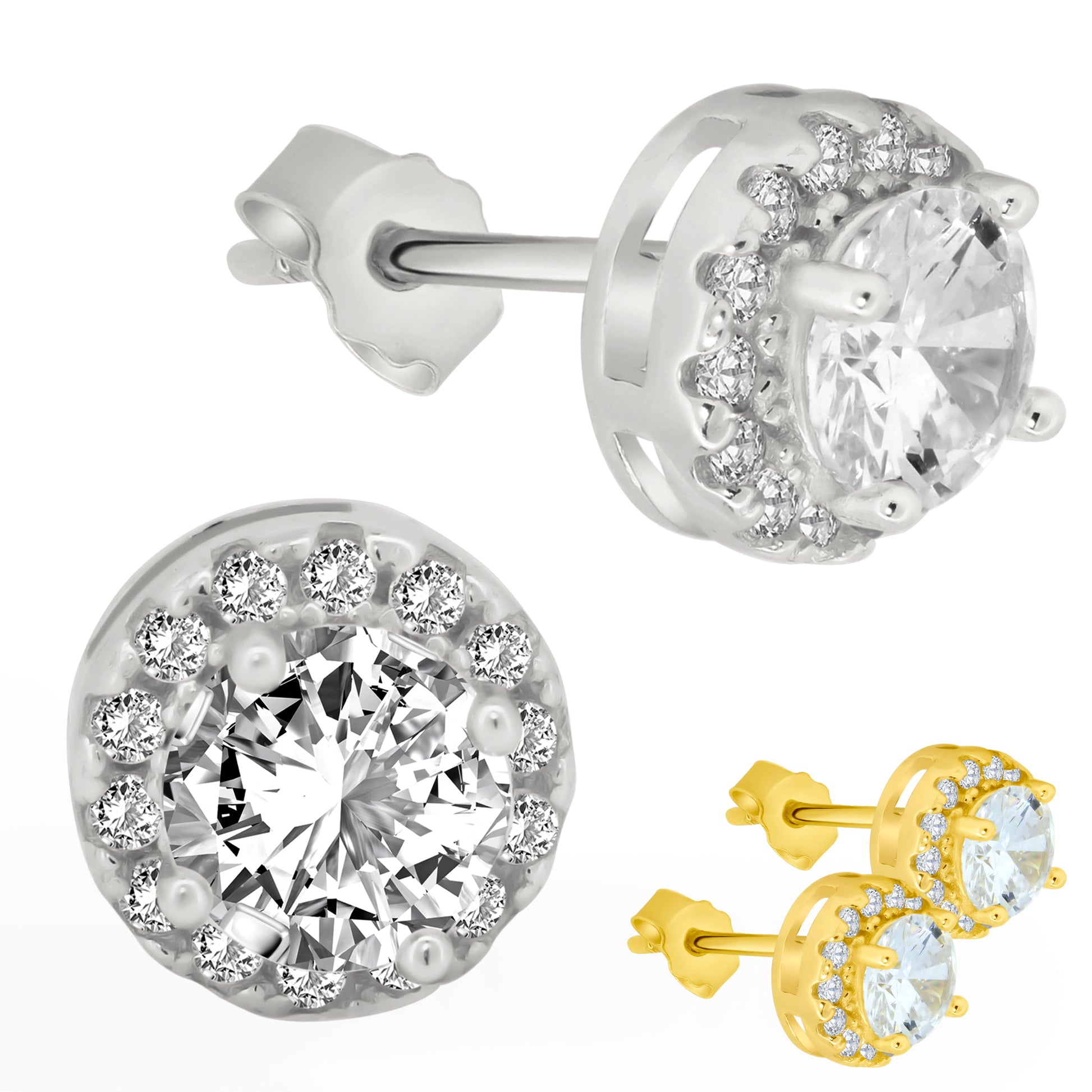 925 Sterling Silver Round Design with Cubic Zirconia Earrings Stud Push Backing