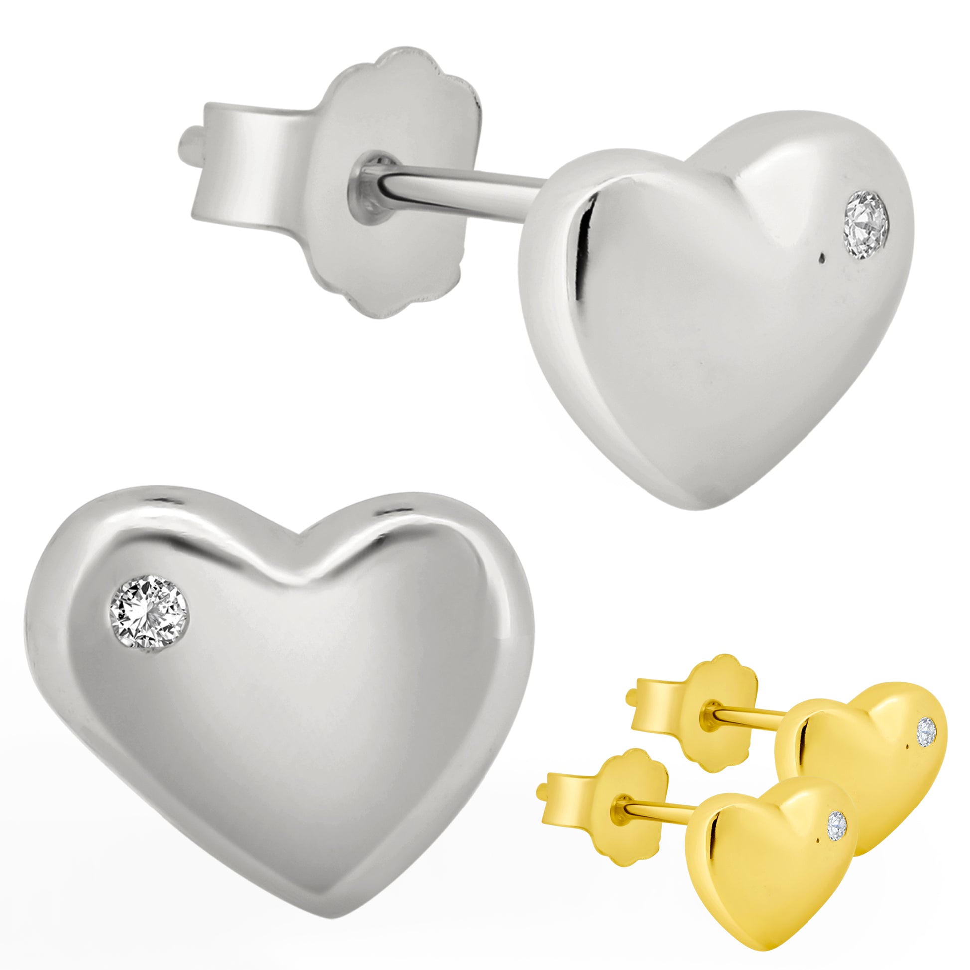 Heart Design Cubic Zirconia Earrings, 925 Silver Studs, Push Backing, Stylish Jewelry