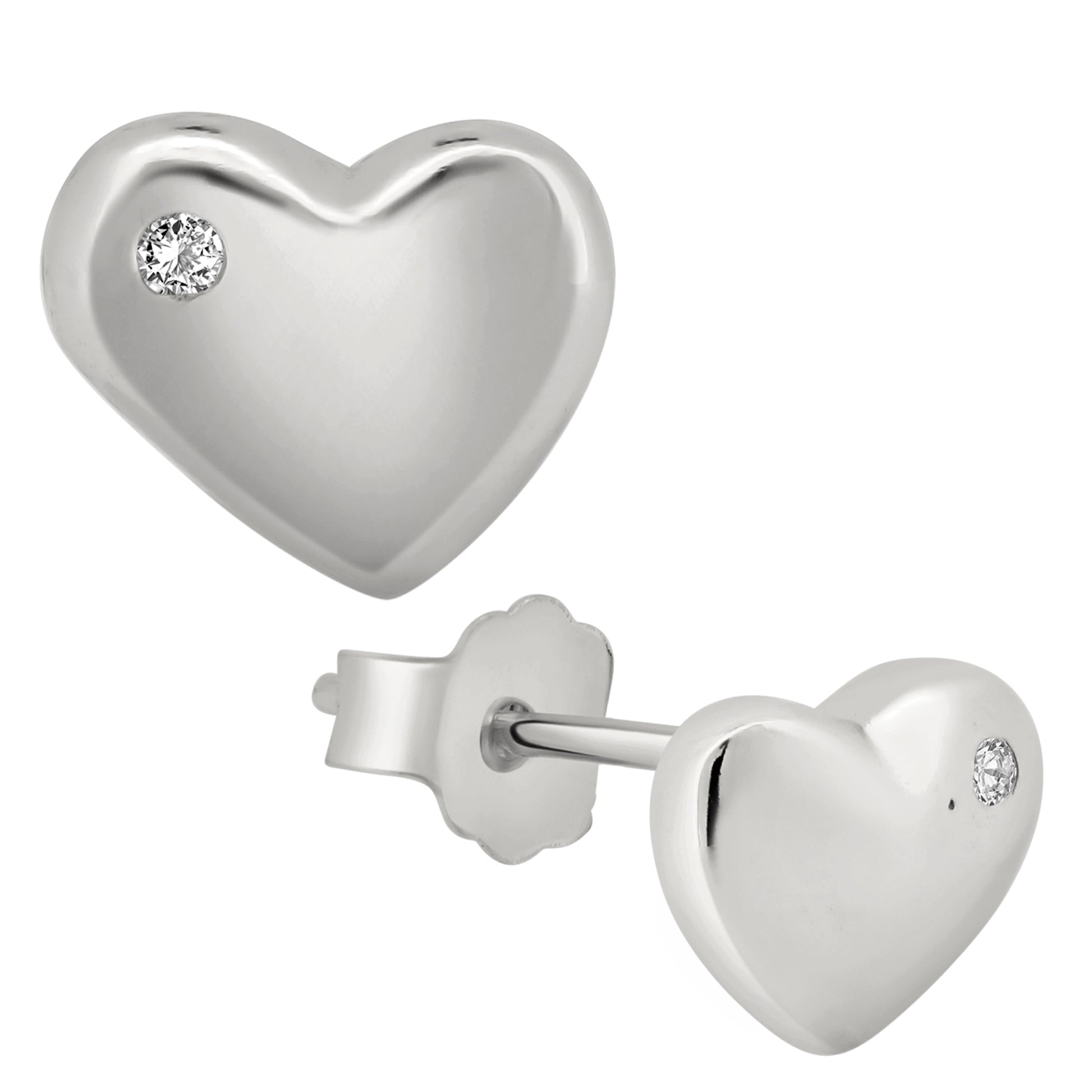 Heart Design Cubic Zirconia Earrings, 925 Silver Studs, Push Backing, Stylish Jewelry