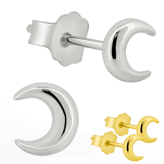 Moon Design Sterling Silver Stud Earrings, 4.5mm Push Backing, Celestial Jewelry