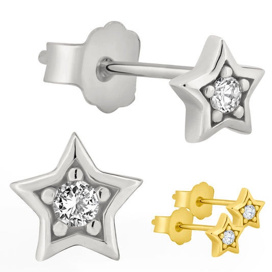 Elegant Star Design Earrings, Sterling Silver Studs, Cubic Zirconia, Push Backs
