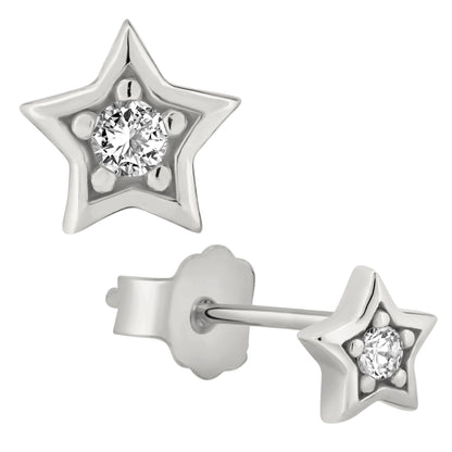 Elegant Star Design Earrings, Sterling Silver Studs, Cubic Zirconia, Push Backs