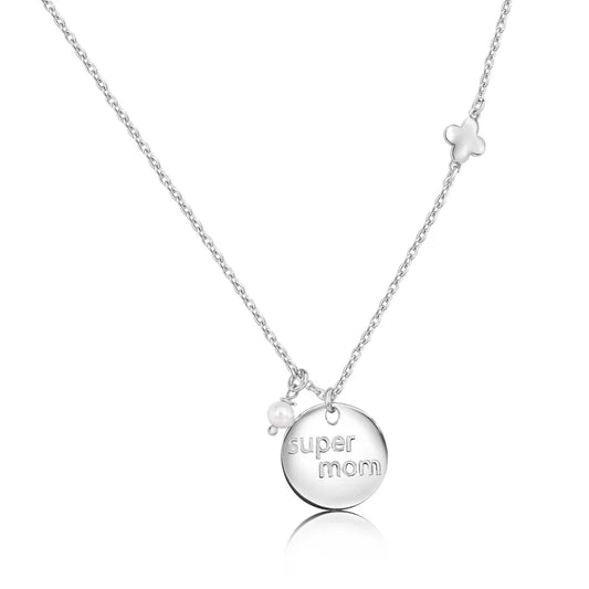 Super Mom Four Leaf Clover and Pearl Necklace Pendant