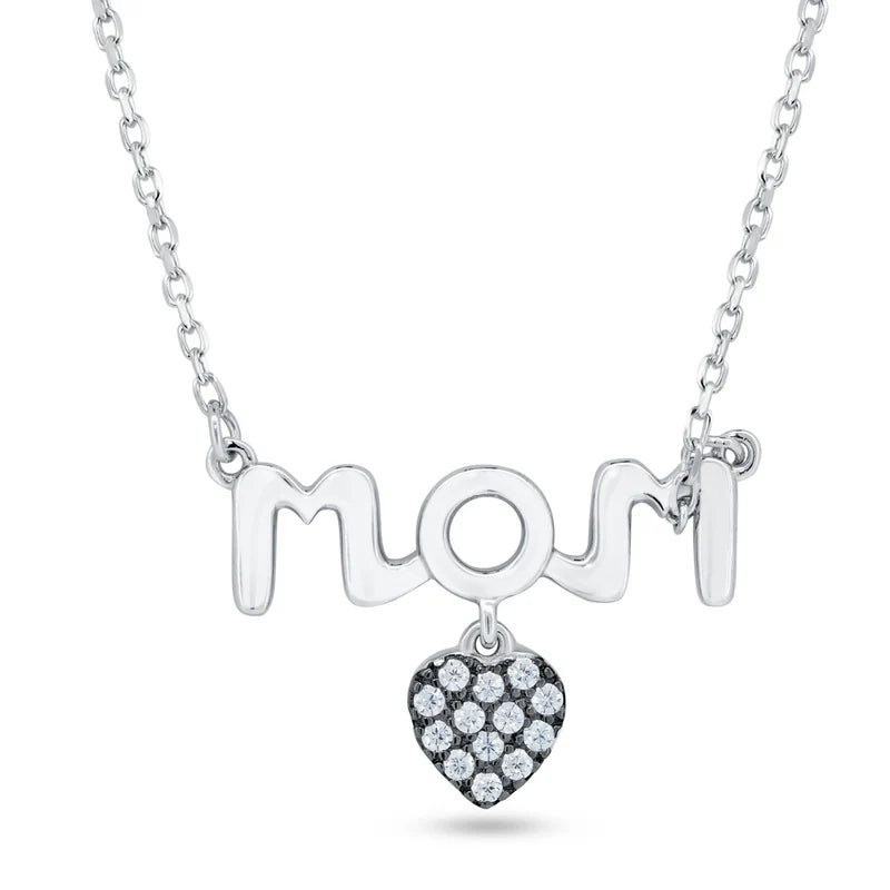 925 Sterling Silver Mom Heart with Dangling CZ Studded Heart Pendant Necklace