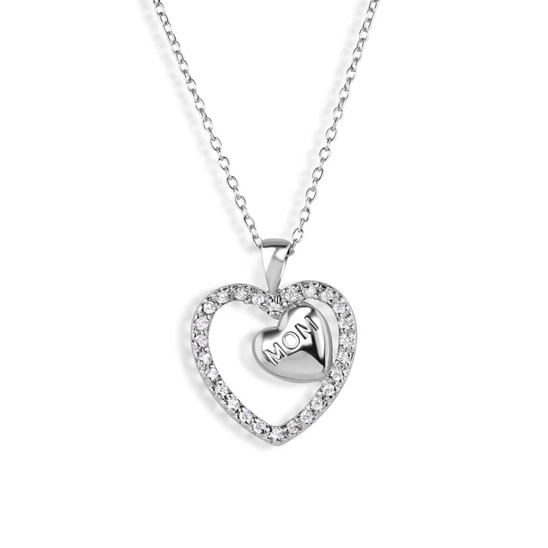 925 Sterling Silver Double Heart with Engraved "Mom" and CZ Pendant Necklace
