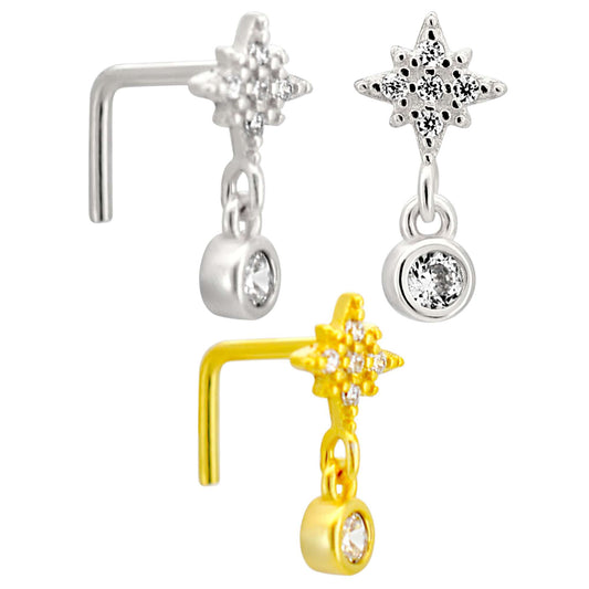 Sterling Silver Starburst with Dangling CZ L-Shaped Nose Ring