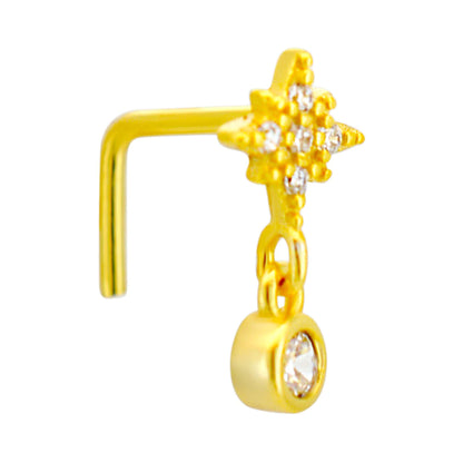 Sterling Silver Starburst with Dangling CZ L-Shaped Nose Ring